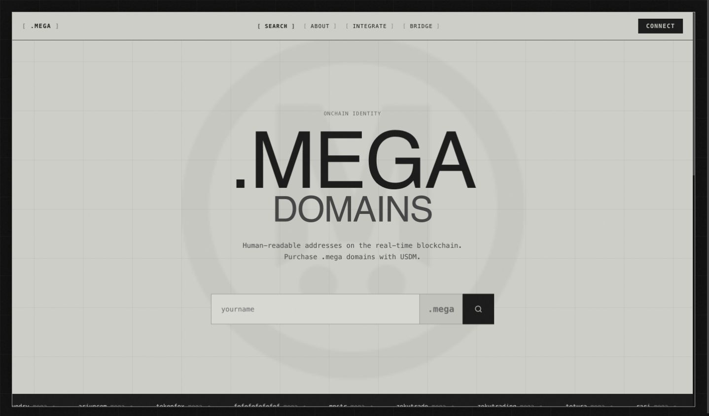 The actual .mega domains interface, with a human-readable name search.